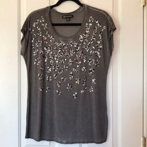 INC Gray Sequin Leopard Design T-Shirt